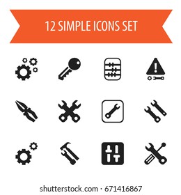 Set Of 12 Editable Tool Icons. Includes Symbols Such As Arithmetic, Access, Build Equipment And More. Can Be Used For Web, Mobile, UI And Infographic Design.
