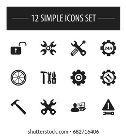 Set Of 12 Editable Tool Icons. Includes Symbols Such As Spanner, Gear, Build Equipment And More. Can Be Used For Web, Mobile, UI And Infographic Design.