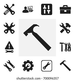Set Of 12 Editable Tool Icons. Includes Symbols Such As Settings, Handle Hit, Reconstruction. Can Be Used For Web, Mobile, UI And Infographic Design.