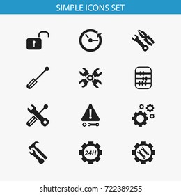 Set Of 12 Editable Tool Icons. Includes Symbols Such As Build Equipment, Settings, Cogwheels And More. Can Be Used For Web, Mobile, UI And Infographic Design.