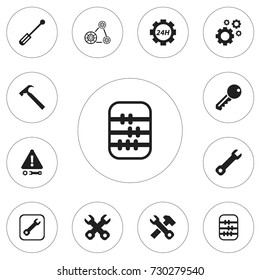 Set Of 12 Editable Tool Icons. Includes Symbols Such As Arithmetic, Wrench, Screwdriver And More. Can Be Used For Web, Mobile, UI And Infographic Design.