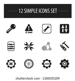 Set of 12 editable toolkit icons. Includes symbols such as 24 hour service, repair tool, engine belt and more. Can be used for web, mobile, UI and infographic design.