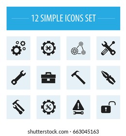 Set Of 12 Editable Toolkit Icons. Includes Symbols Such As Fix Tool, Opened Padlock, Cambelt And More. Can Be Used For Web, Mobile, UI And Infographic Design.