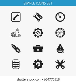 Set Of 12 Editable Toolkit Icons. Includes Symbols Such As Spanner, Tyre, Arithmetic And More. Can Be Used For Web, Mobile, UI And Infographic Design.