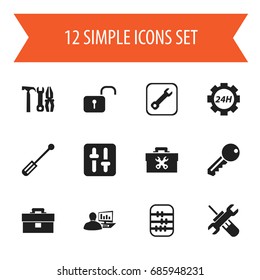 Set Of 12 Editable Toolkit Icons. Includes Symbols Such As Access, Reconstruction, Computer Statistics And More. Can Be Used For Web, Mobile, UI And Infographic Design.