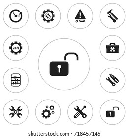 Set Of 12 Editable Toolkit Icons. Includes Symbols Such As Opened Padlock, Settings, Support Center And More. Can Be Used For Web, Mobile, UI And Infographic Design.