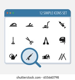 Set Of 12 Editable Tools Icons. Includes Symbols Such As Appliance, Staircase, Bailer And More. Can Be Used For Web, Mobile, UI And Infographic Design.