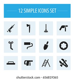 Set Of 12 Editable Tools Icons. Includes Symbols Such As Brush, Screw Head, Shovel And More. Can Be Used For Web, Mobile, UI And Infographic Design.