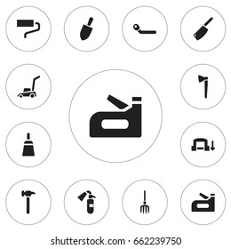 Set Of 12 Editable Tools Icons. Includes Symbols Such As Circle Spanner, Hay Fork, Cleaver And More. Can Be Used For Web, Mobile, UI And Infographic Design.