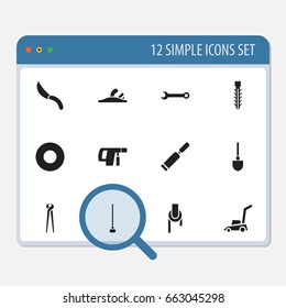 Set Of 12 Editable Tools Icons. Includes Symbols Such As Grass Cutting Machine, Screw, Sheave And More. Can Be Used For Web, Mobile, UI And Infographic Design.