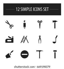 Set Of 12 Editable Tools Icons. Includes Symbols Such As Surgical Scissors, Scoop, Build Fastener And More. Can Be Used For Web, Mobile, UI And Infographic Design.