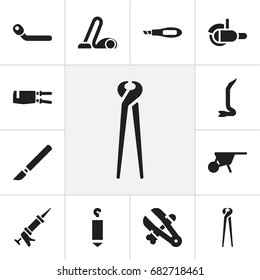 Set Of 12 Editable Tools Icons. Includes Symbols Such As Knife Box, Pincers, Pipe Wrench And More. Can Be Used For Web, Mobile, UI And Infographic Design.