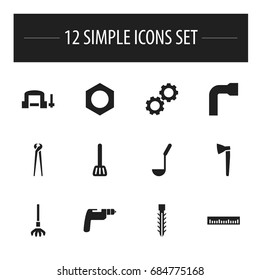 Set Of 12 Editable Tools Icons. Includes Symbols Such As Wheel Wrench, Internal Screw, Hatchet And More. Can Be Used For Web, Mobile, UI And Infographic Design.