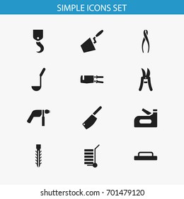 Set Of 12 Editable Tools Icons. Includes Symbols Such As Screw, Scoop, Tongs And More. Can Be Used For Web, Mobile, UI And Infographic Design.