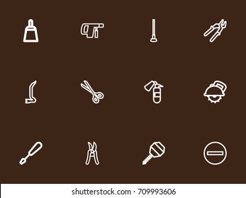 Set Of 12 Editable Tools Outline Icons. Includes Symbols Such As Drill, Minus, Tool And More. Can Be Used For Web, Mobile, UI And Infographic Design.