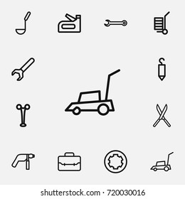 Set Of 12 Editable Tools Outline Icons. Includes Symbols Such As Garden Scissors, Spanner, Hook And More. Can Be Used For Web, Mobile, UI And Infographic Design.