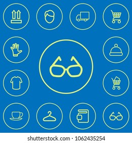 Set of 12 editable trade icons line style. Includes symbols such as delivery, identification, suspender and more. Can be used for web, mobile, UI and infographic design.