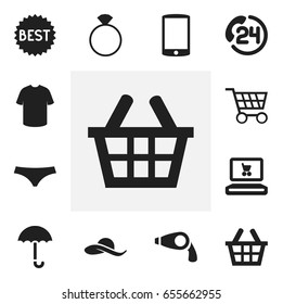 Set Of 12 Editable Trade Icons. Includes Symbols Such As Basket, Hatband, Badge. Can Be Used For Web, Mobile, UI And Infographic Design.