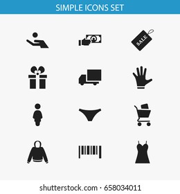 Set Of 12 Editable Trade Icons. Includes Symbols Such As Delivery, Fingers, Pullover And More. Can Be Used For Web, Mobile, UI And Infographic Design.