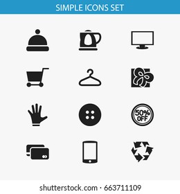 Set Of 12 Editable Trade Icons. Includes Symbols Such As Headgear, Suspender, Monitor And More. Can Be Used For Web, Mobile, UI And Infographic Design.