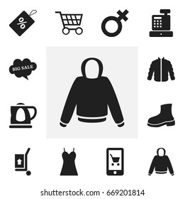 Set Of 12 Editable Trade Icons. Includes Symbols Such As Pullover, Freight Delivery, Sweater And More. Can Be Used For Web, Mobile, UI And Infographic Design.