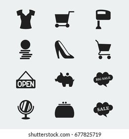 Set Of 12 Editable Trade Icons. Includes Symbols Such As Shopping Bag, Stiletto, Rebate And More. Can Be Used For Web, Mobile, UI And Infographic Design.