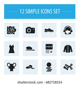 Set Of 12 Editable Trade Icons. Includes Symbols Such As Scissors, Hatband, Garment. Can Be Used For Web, Mobile, UI And Infographic Design.