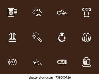 Set Of 12 Editable Trade Outline Icons. Includes Symbols Such As Woman T-Shirt, Pig Money, Till And More. Can Be Used For Web, Mobile, UI And Infographic Design.