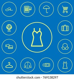 Set Of 12 Editable Trade Outline Icons. Includes Symbols Such As Hanger, Belt, Credit Card And More. Can Be Used For Web, Mobile, UI And Infographic Design.