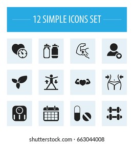 Set Of 12 Editable Training Icons. Includes Symbols Such As Hand Barbell, Date Plan, Fitness Drink. Can Be Used For Web, Mobile, UI And Infographic Design.