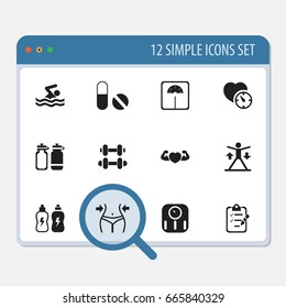 Set Of 12 Editable Training Icons. Includes Symbols Such As Hand Barbell, Scales, Slimming. Can Be Used For Web, Mobile, UI And Infographic Design.