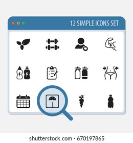 Set Of 12 Editable Training Icons. Includes Symbols Such As Fitness Drink, Hand Barbell, Questionnaire. Can Be Used For Web, Mobile, UI And Infographic Design.
