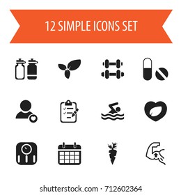 Set Of 12 Editable Training Icons. Includes Symbols Such As Fitness Drink, Profile, Leaf In Heart And More. Can Be Used For Web, Mobile, UI And Infographic Design.