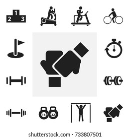 Set Of 12 Editable Training Icons. Includes Symbols Such As Instruction Male, Weightlifting, Gauntlet And More. Can Be Used For Web, Mobile, UI And Infographic Design.