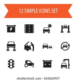 Set Of 12 Editable Transport Icons. Includes Symbols Such As Auto Repair, Automobile, Stoplight And More. Can Be Used For Web, Mobile, UI And Infographic Design.