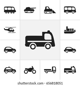 Set Of 12 Editable Transport Icons. Includes Symbols Such As Car Vehicle, Bogie, Tractor And More. Can Be Used For Web, Mobile, UI And Infographic Design.