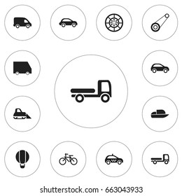 Set Of 12 Editable Transport Icons. Includes Symbols Such As Hatchback, Tractor, Spyglass And More. Can Be Used For Web, Mobile, UI And Infographic Design.