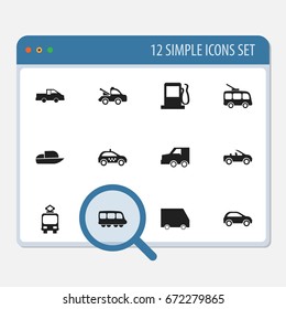 Set Of 12 Editable Transport Icons. Includes Symbols Such As Auto, Yacht, Omnibus And More. Can Be Used For Web, Mobile, UI And Infographic Design.