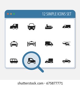 Set Of 12 Editable Transport Icons. Includes Symbols Such As Drophead Coupe, Chopper, Ship And More. Can Be Used For Web, Mobile, UI And Infographic Design.