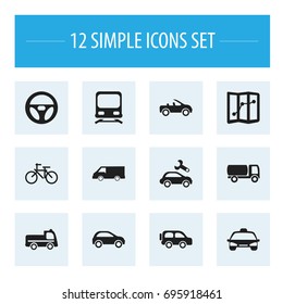 Set Of 12 Editable Transport Icons. Includes Symbols Such As Drive Control, Van, Family Jeep And More. Can Be Used For Web, Mobile, UI And Infographic Design.