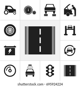 Set Of 12 Editable Transport Icons. Includes Symbols Such As Mechanic, Speedometer, Tire And More. Can Be Used For Web, Mobile, UI And Infographic Design.