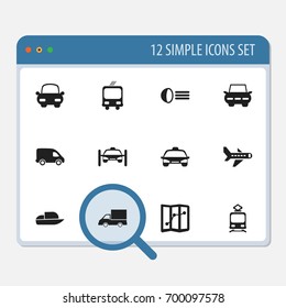 Set Of 12 Editable Transport Icons. Includes Symbols Such As Airplane, City Drive, Delivery And More. Can Be Used For Web, Mobile, UI And Infographic Design.