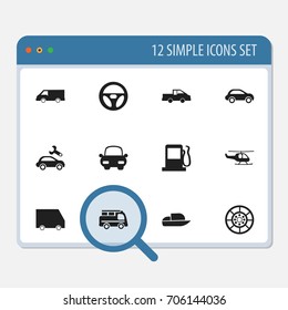 Set Of 12 Editable Transport Icons. Includes Symbols Such As Yacht, Food Transport, Fuel And More. Can Be Used For Web, Mobile, UI And Infographic Design.