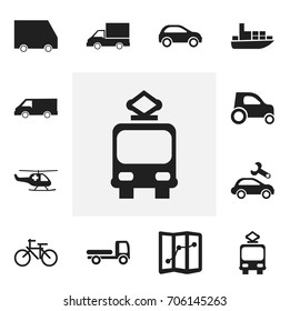 Set Of 12 Editable Transport Icons. Includes Symbols Such As Automobile, Ship, Haulage And More. Can Be Used For Web, Mobile, UI And Infographic Design.
