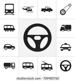 Set Of 12 Editable Transport Icons. Includes Symbols Such As Drive Control, Travel Pickup, Truck And More. Can Be Used For Web, Mobile, UI And Infographic Design.
