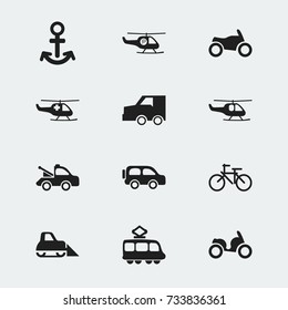 Set Of 12 Editable Transport Icons. Includes Symbols Such As Moped, Helicopter, Shipping And More. Can Be Used For Web, Mobile, UI And Infographic Design.
