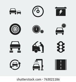 Set Of 12 Editable Transport Icons. Includes Symbols Such As Tire, Highway, Stoplight And More. Can Be Used For Web, Mobile, UI And Infographic Design.