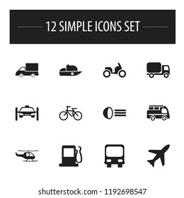 Set of 12 editable transportation icons. Includes symbols such as shipping transport, speedboat, truck and more. Can be used for web, mobile, UI and infographic design.