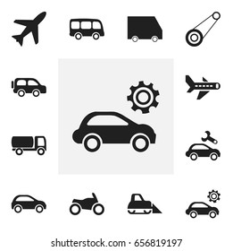 Set Of 12 Editable Transportation Icons. Includes Symbols Such As Airplane, Tractor, Garage And More. Can Be Used For Web, Mobile, UI And Infographic Design.