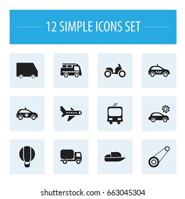 Set Of 12 Editable Transportation Icons. Includes Symbols Such As Garage, Airship, Food Transport And More. Can Be Used For Web, Mobile, UI And Infographic Design.